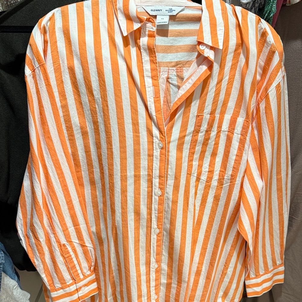 Old Navy Women's Orange and White Striped Button-Down Shirt